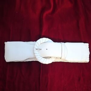 White Raffia And Leather Stretch Belt